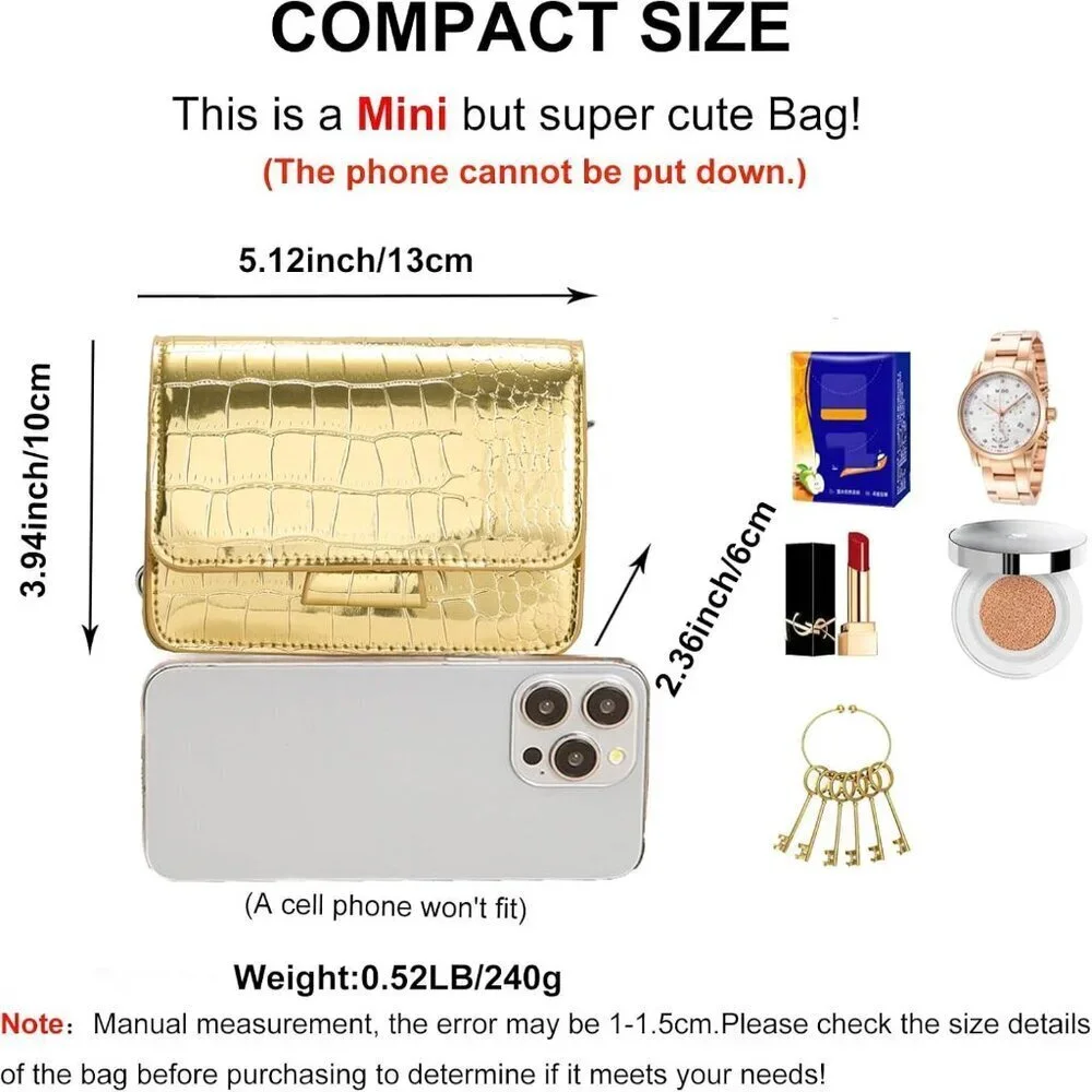Small Crossbody Purse Mini Gold Metallic Croc Embossed Handbag for Women
